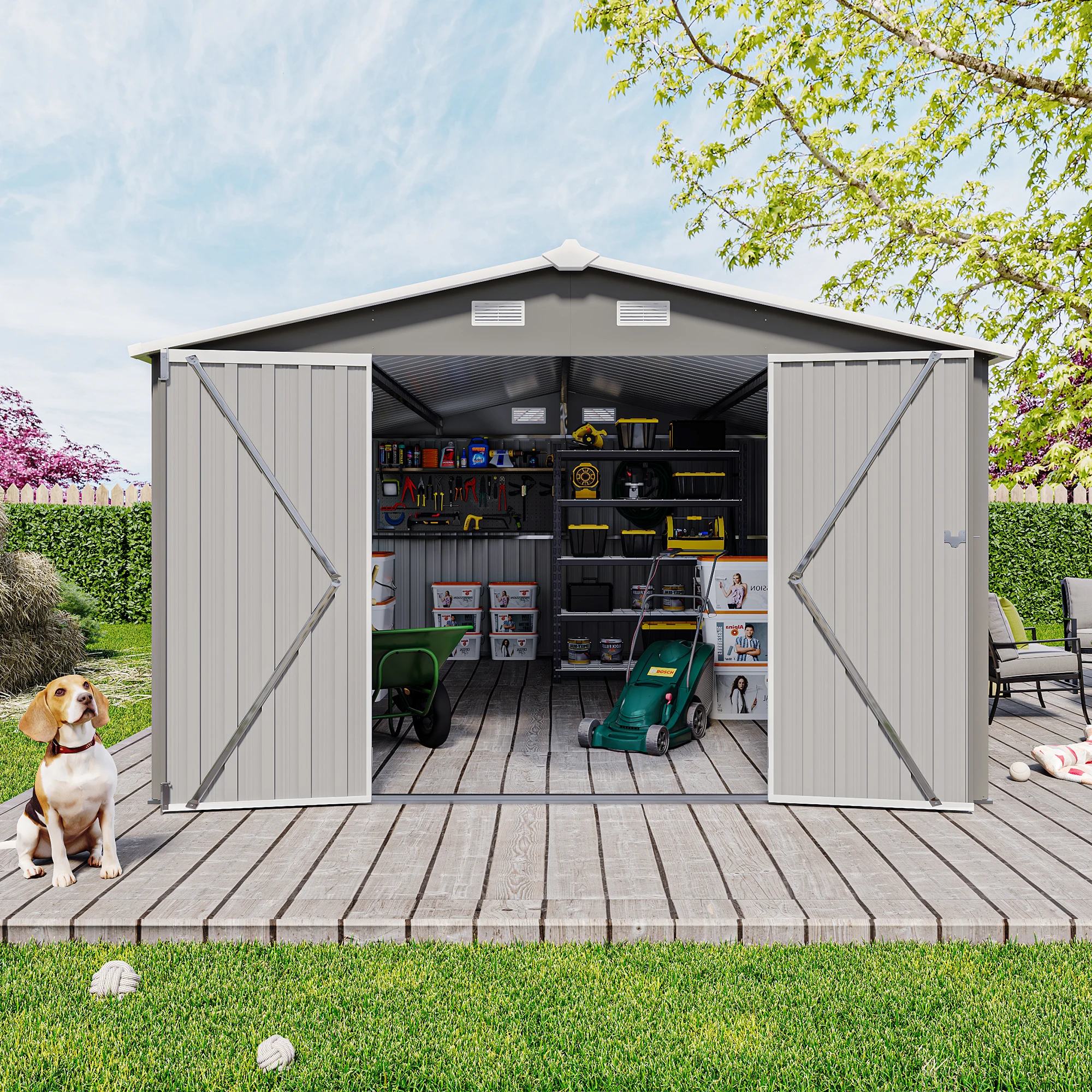 

Campcraft Outdoor Storage Shed with 3 Lockable Doors,4 Air Vents & Sloped Roof,Utility Tool Shed Metal Storage Garden Sheds