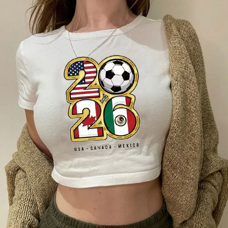 2026 Soccer Fan US Canada Mexico Graphic Printing Crop Tee Girls Summer Slim Top Girls Casual Summer 90s Tops