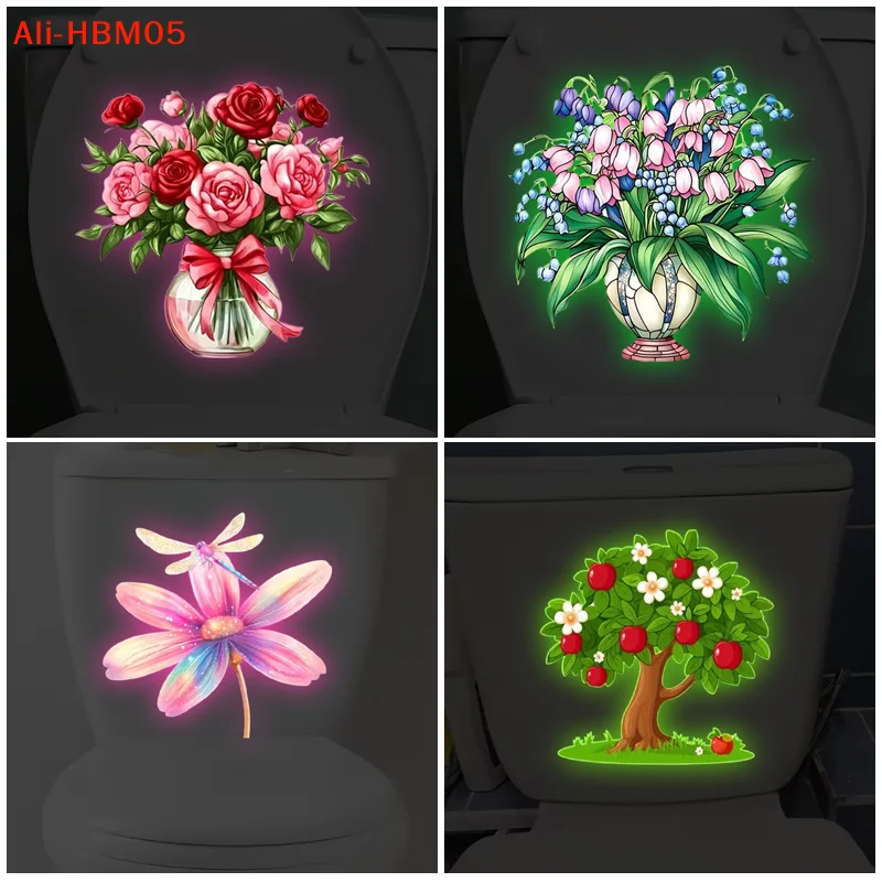(HB05)Glow-in-the-Dark Flower Toilet Sticker Luminou Toilet Decal Removable Self-Adhesive Home Decor For Bedroom Living Room