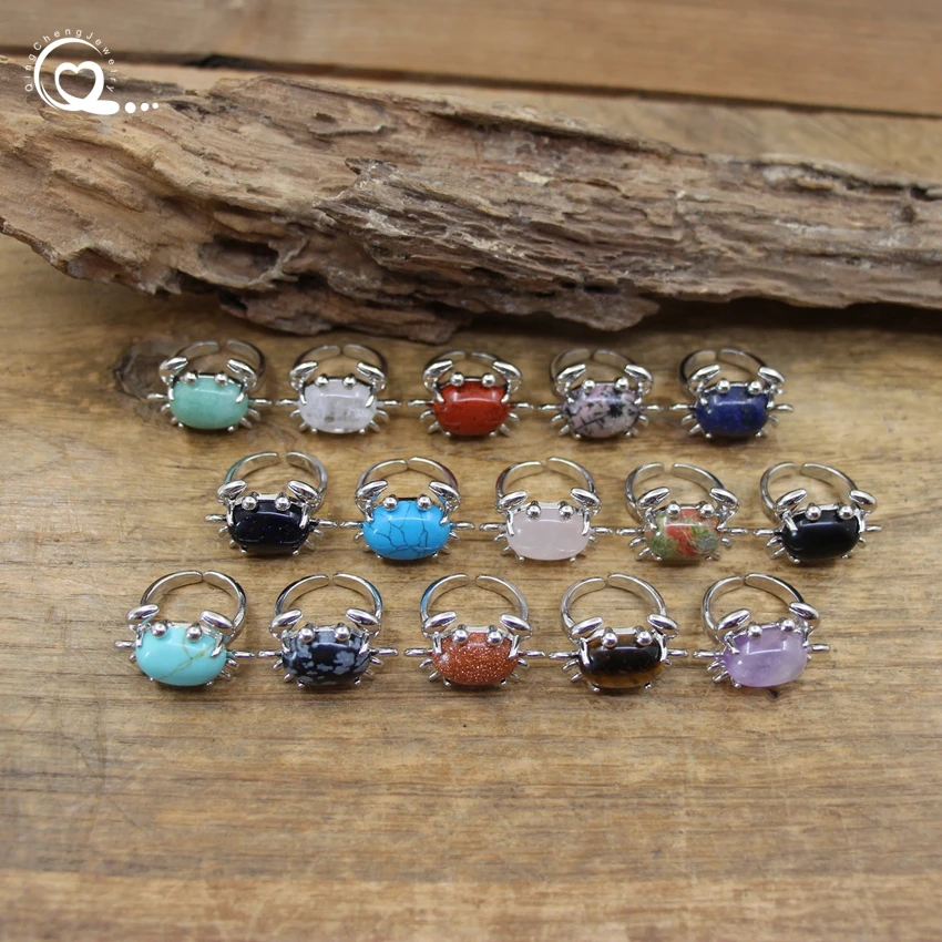 

Natural Gems Stone Adjustable Crab Rings Reiki Healing Crystal Quartz Amethysts Animals Finger Ring Women Fashion Jewelry,QC4197