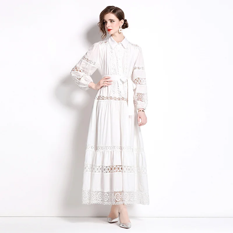 Brand Designer Summer Autumn Holiday Long Sleeve Maxi White Dress Shirt Women Sexy Hollow Out Loose Embroidery Vestidos