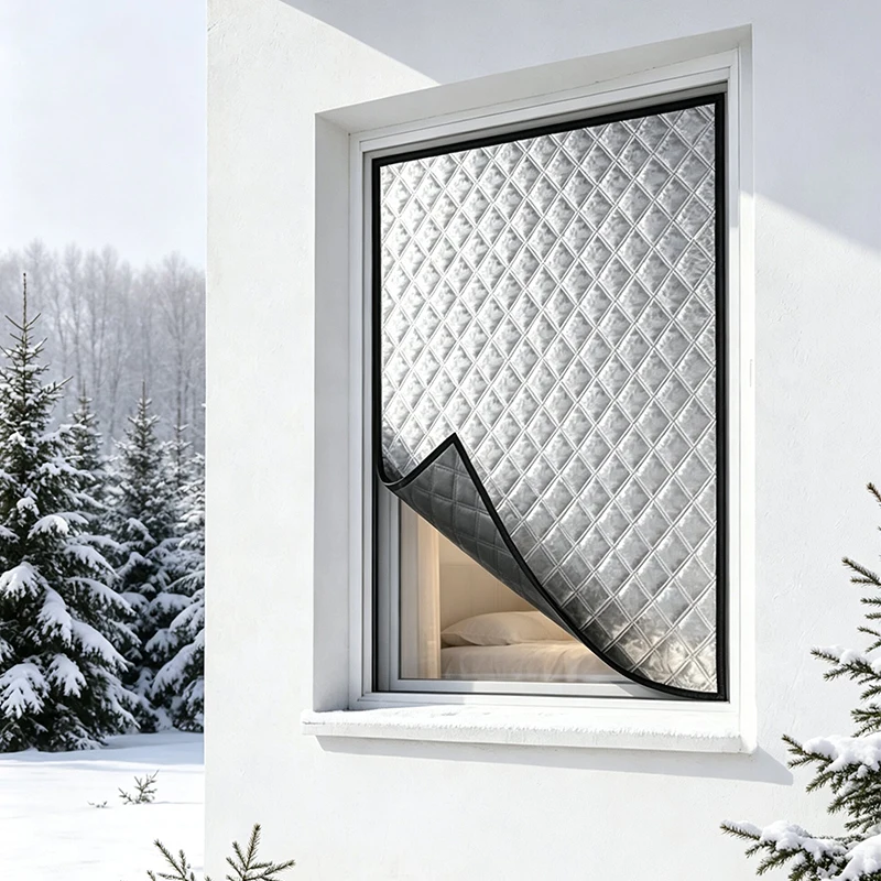 Thickened Graphene Blackout Curtain No Drill Window Insulation Cover Winter Thermal Cold Barrier for Apartment Bedroom Home
