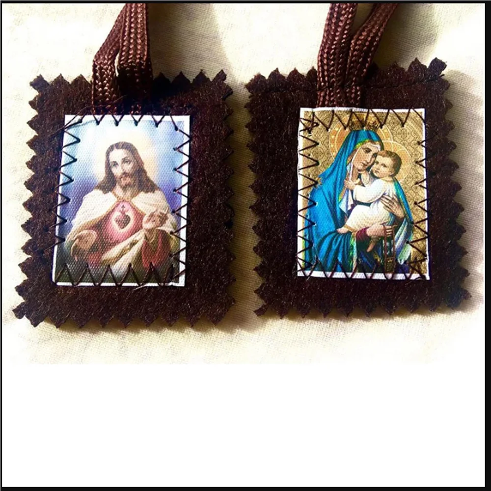 Braunes Tuch, Schulterblatt, heiliges Herz Jesu und Karmelit, Nonnen auf Kordelkette, katholische Halskette, Geschenk zur Kommunionbefestigung – Detail 4
