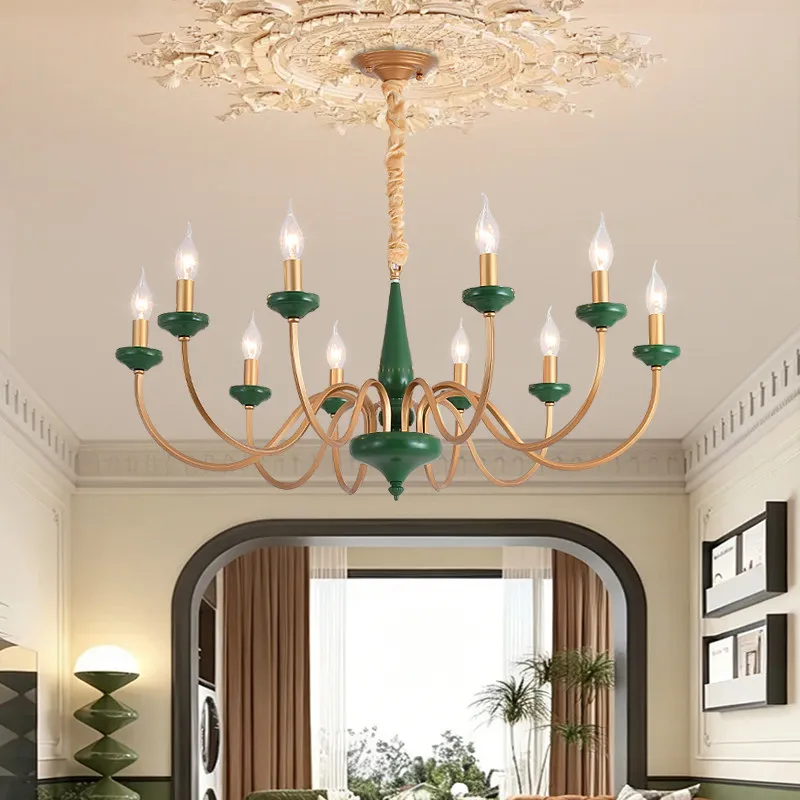 Retro Nanyang Crystal Chandelier Green Gold Iron Pendant Light Full Spectrum Tri Color Dimmable For Living Room Bedroom
