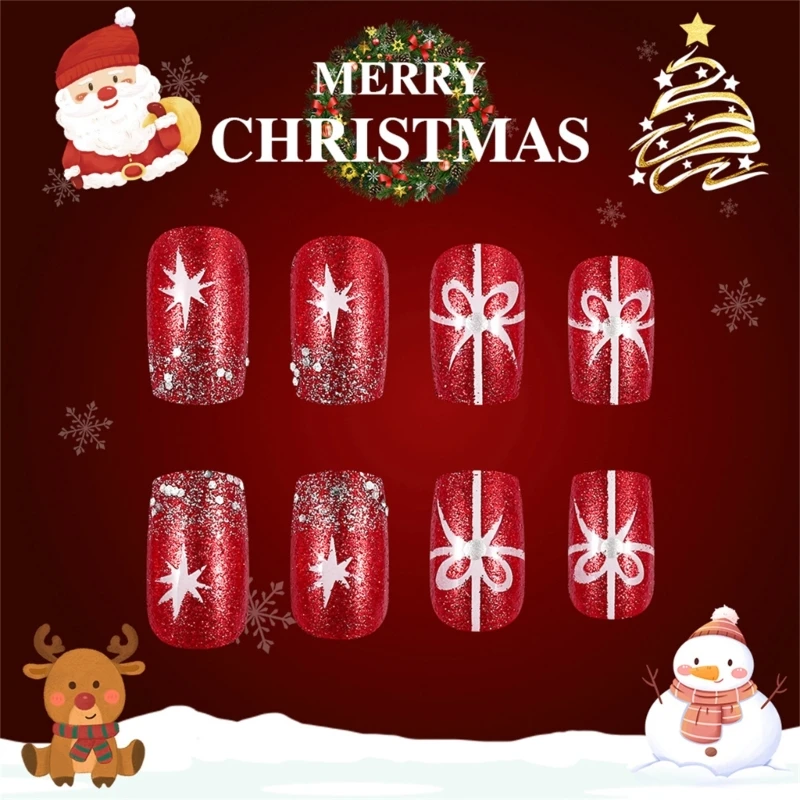 24PCS Short Square Christmas Press On Nails With Glitters Silver Tree Snowflake Designs on Nails For Women