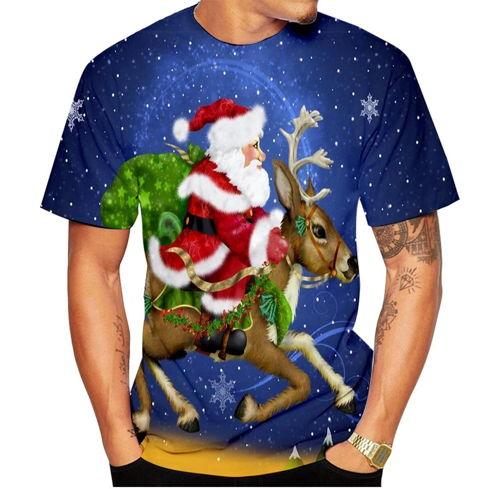 100% Cotton Christmas Funny Santa Claus 3D Print T-Shirt Cartoon Snowman Short Sleeve O Neck Tops Oversized Unisex Kids Tees