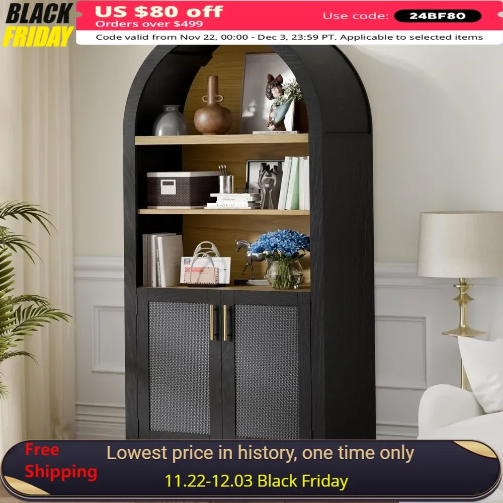 63” Display Cabinet with Beech-Wooden Door, Adjustable Shelf, Anti-Tipping Device, Arched Rattan Storage Display Cabinet