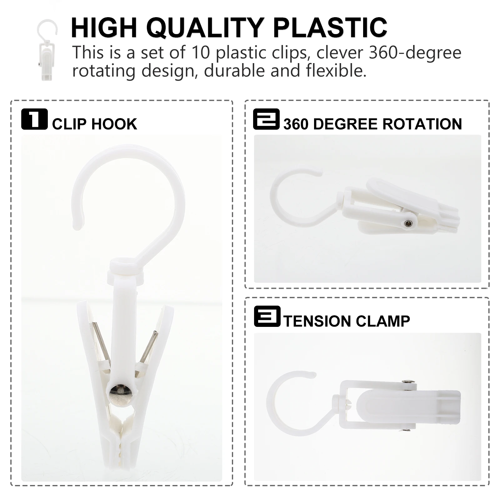 

10pcs Hooks 360 Degree Rotatable Plastic Clips Wider Compatibility Shower Coat Hooks Curtains Door Accessories