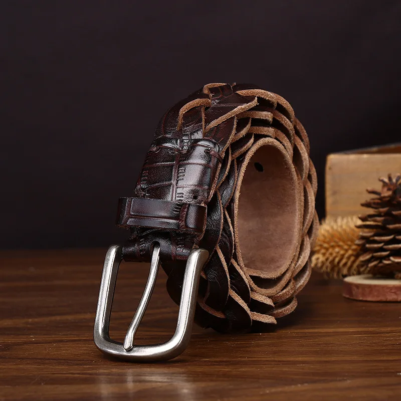 3.3cm Handmade Crocodile Embossed Leather Belt Genuine Cowhide Braided Fashion Belt for Men Designer Belt Cinturones Hombre
