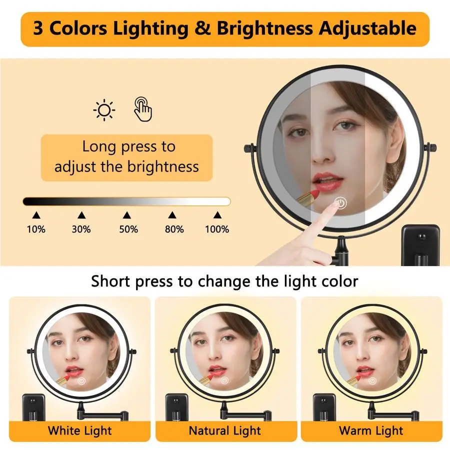 Ładowalne lusterko do makijażu z podświetleniem, montowane na ścianie, 20 cm (8 cali), lusterko powiększające 10X z 3 barwami oświetlenia, ściemnialne, sterowane dotykowo.