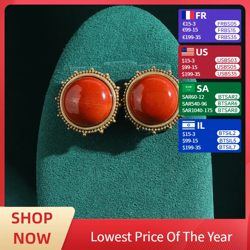 

Vintage Coral Red Natural Stone Round Stud Earrings Square Candy Woman Antique Jewelry Accessories Gold Color Korean Fashion New