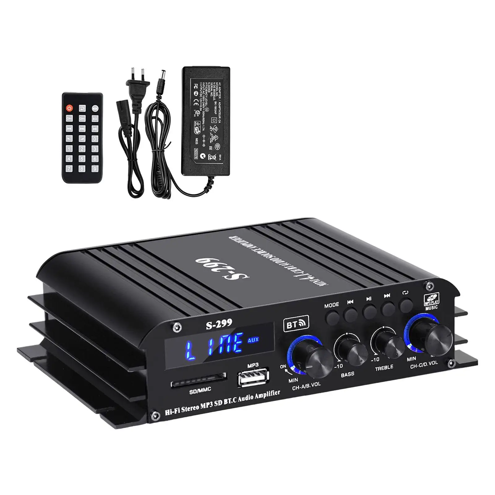 Digital Power Amplifier Mini HiFi Stereo Amp Portable 4.1 CH Subwoofer Volume Adjustment USB AUX BT SD 40wx4 with Power Adapter