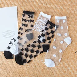 1 Pair Breathable Ultra Thin Socks Summer Women Transparent Sexy Lace Silk Crystal Black White Girls Elastic Short Socks Female