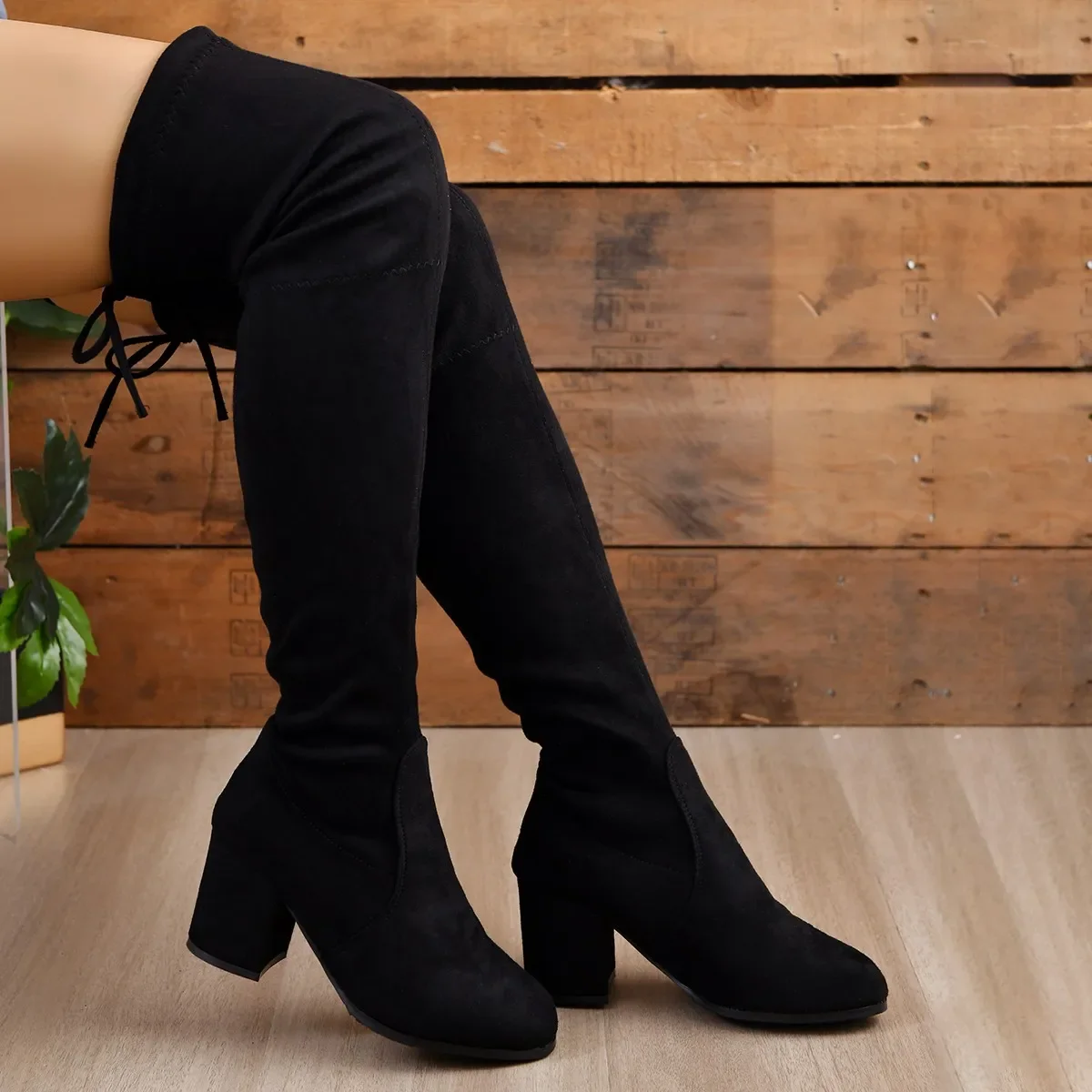 

Women's knee-high boots, comfortable, warm, lace-up, square heel long tube, black, winter, 2024