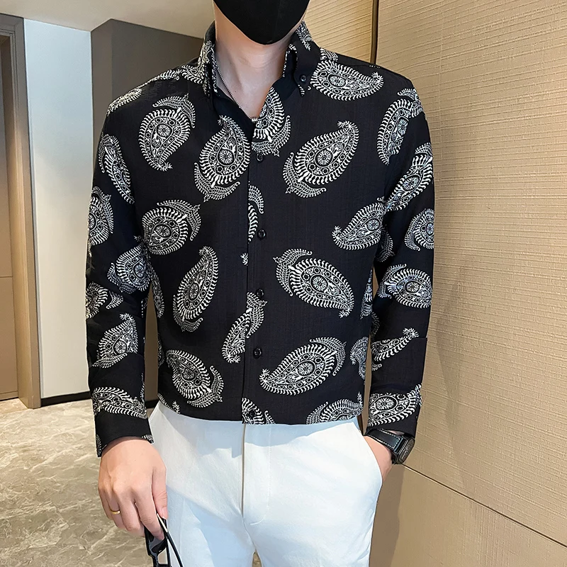 Vintage Elegant Printed Long-sleeved Men Shirts High Quality Cotton V-Neck Men's Casual Shirt Spring Autumn Korean Mens Clothing