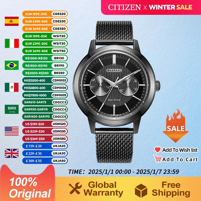 CITIZEN Original  Japan Men's Watch  Light Eco Drive Milan Strap Date Display  Fashion Casual Waterproof  Men Watch