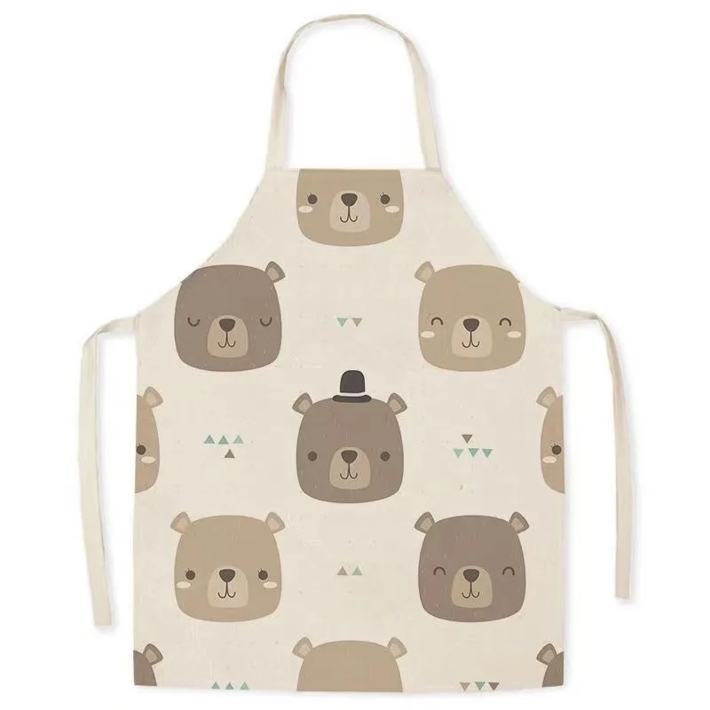 Korean version of cute cartoon bear pattern linen sleeveless apron kitchen cooking baking bib adult home cleaning apron