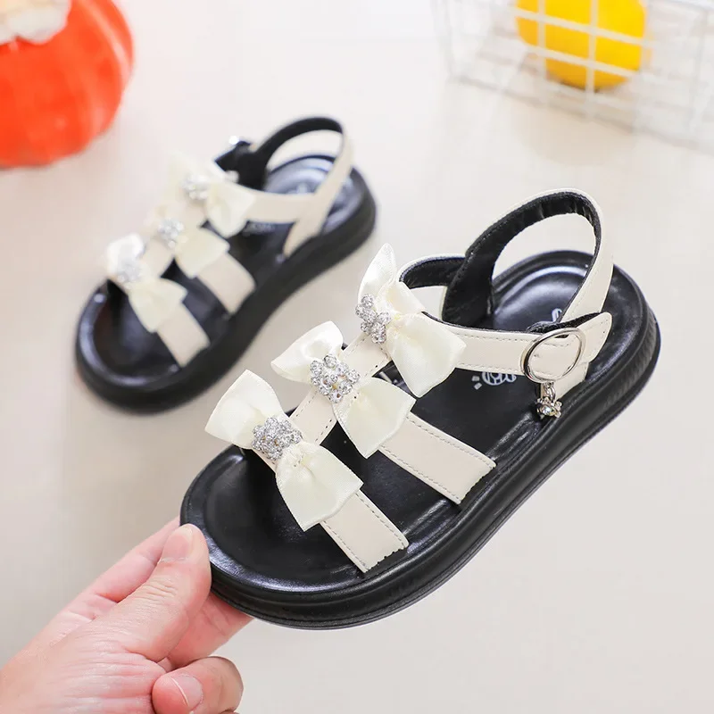 Girls Beach Shoes with Sweet Bows Soft Sole Kids Sandals Versatile 2025 Summer New Children Princess Shoes Casual Non-slip Cute
