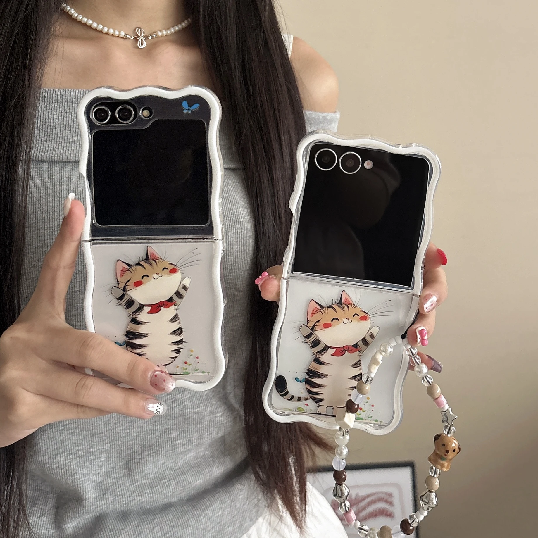 Koreanische Sonnenschein Katze Telefon Fall Für Samsung Galaxy Z Flip7 6 5 4 3 Abdeckung Mit Lanyard Welle Telefon Abdeckung für Z Flip7 Flip6 Fall