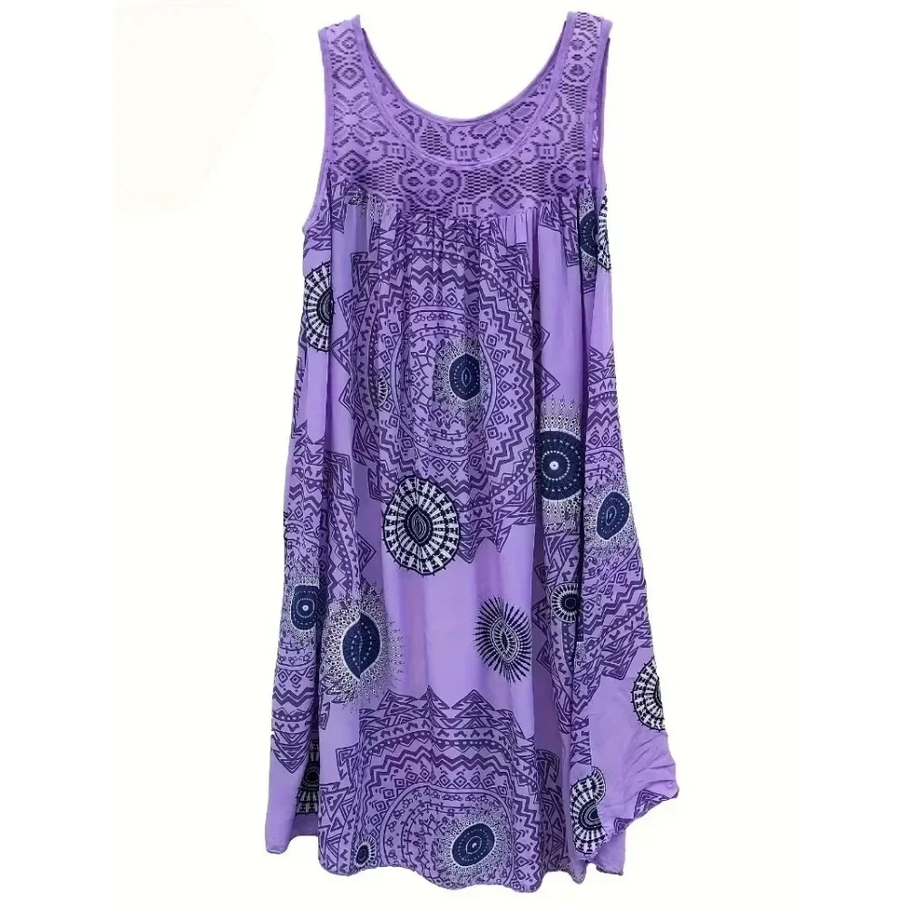 Plus Size 1XL-5XL Women\'s Sleeveless Dress Lace Panel Printing Sleeveless Large Hem Vest Dress Comfortable dresses in hot demand