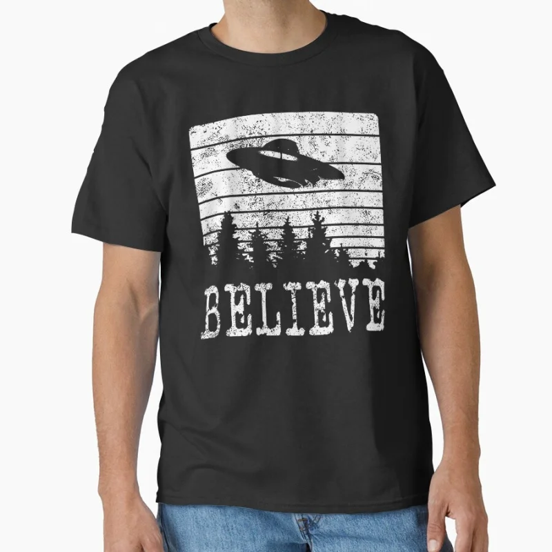 

Extraterrestrial UFO Believe Distressed Style 80s Sci fi The X Files Gift t shirtAlien movie Graphic clothes All size tops