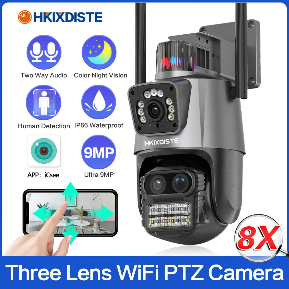 camera ip de seguranca dual screen vigilancia por video ao ar livre auto tracking lens 9mp 8x ptz zoom 4k wifi poe nvr icsee 01