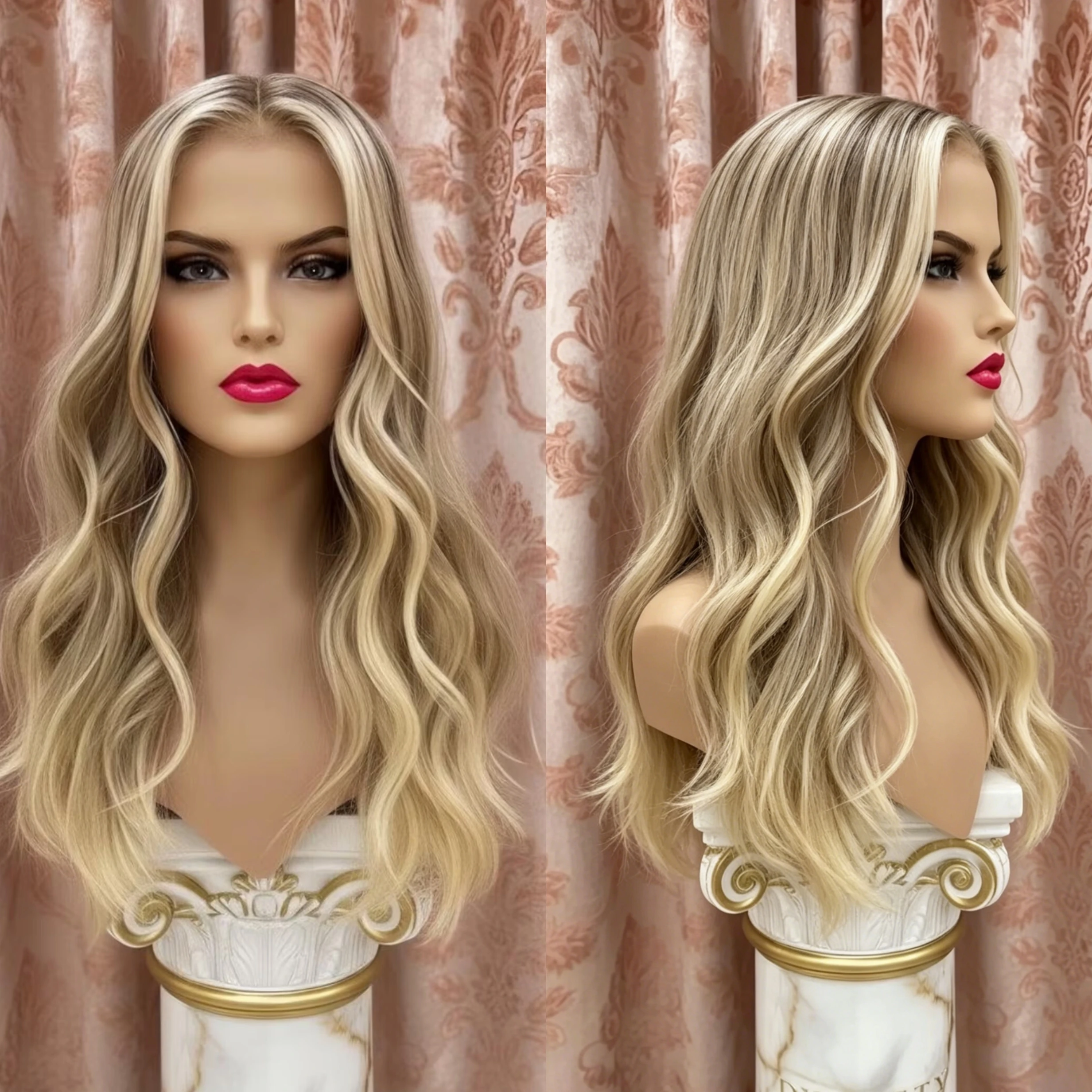 

Body Wavy Lace Front Wig HD Transparent Lace Ombre Blonde Soft Synthetic Hair Wigs Pre-Plucked Natural Hairline Heat Resistant
