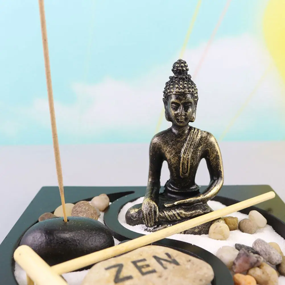 Zen Garden Miniature Landscape Sand Tray with Buddha Statue for Desk Meditation Relaxation Anxiety Relief Tabletop Decor Calming