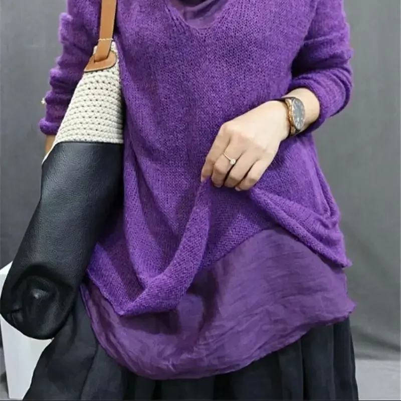 Fashion Spliced Mohair Pullover Women Causal Purple Womens Wool Sweater Autumn Winter Stacked Collar Cashmere Tops