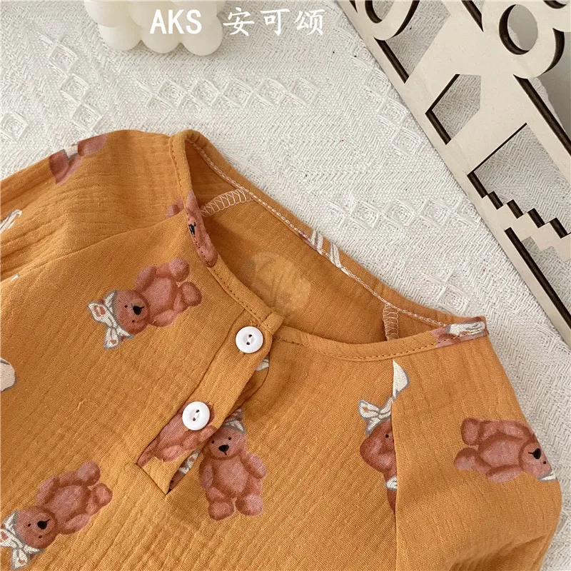 Autumn Kids Pajamas Set 2 PCS Long Sleeve Tops Cardigan Pants Korean Bear Cotton Muslin Boys Girls Nightgown Sleepwear