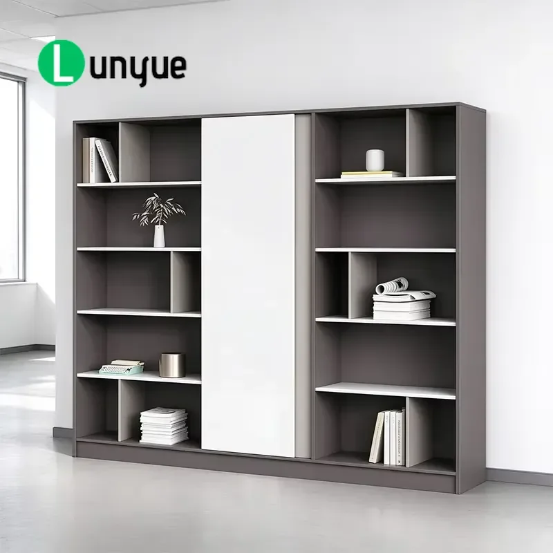 Modern Wooden Office Bookcase with Central Closed Door and Open Storage Rack for Document Display Home Furniture
