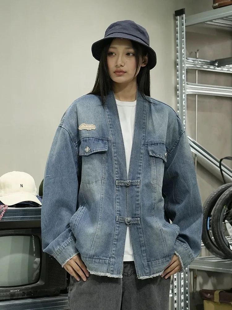 Chinese Taoist Robe Denim Jacket Men Streetwear Fashion Loose Casual Retro Denim Jacket Boyfriend Jeans Coat Cardigan Outerwear