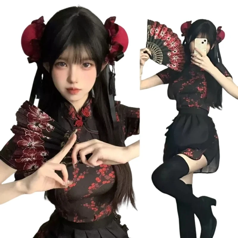 

New Chinese Style Cheongsam Christmas Cosplay Uniform Soft Girl Maid Dress Set Traditional Hanfu Cultural Costume For Women