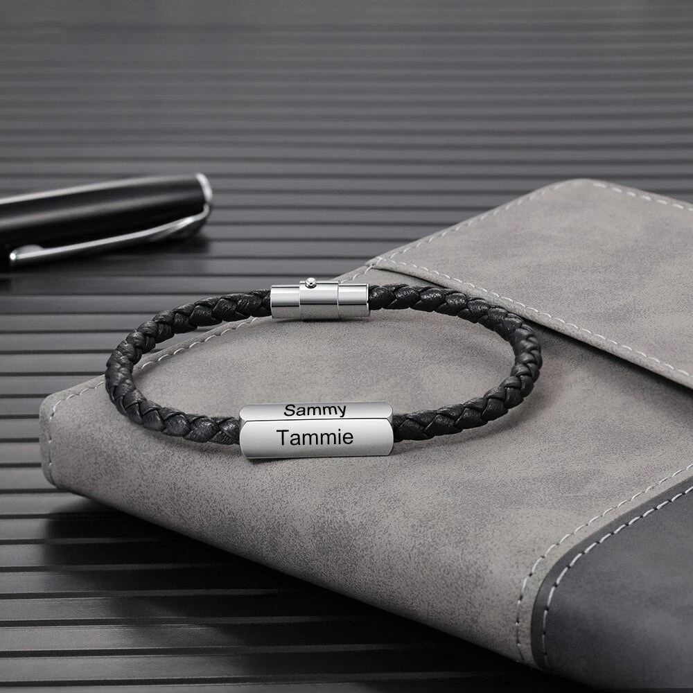 

Personalized Engraved Multiple Names Bar Braided Leather Bracelet Minimalist Stainless Steel Fathers Day Jewelry Gift for Men