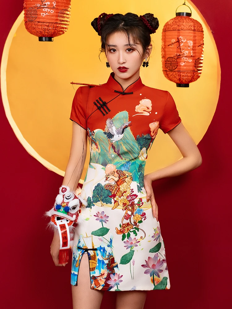 Cheongsam curto tradicional chinês para mulheres, saia de uma linha, roupa casual para quarto, frente sexy, moda nacional, S, M, L, XL, XXL, XXL, 2022