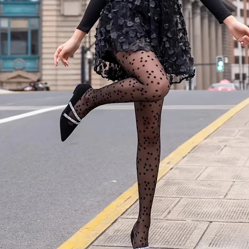 Ladies Elegant Star Pattern See-Through Leggings - High Waist, Stretch Nylon and Spandex Blend, Perfect for Casual Wear