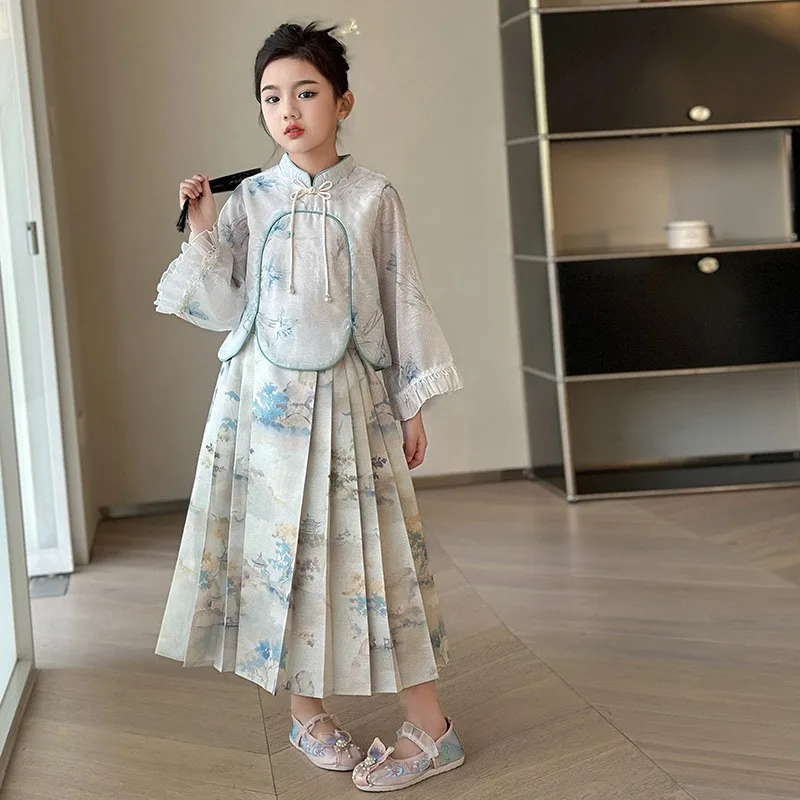 

Girl's Horse Face Skirt Set Spring Shirt New Chinese Ancient Style Hanfu Children Girl Tang Suit Dress Two Piece Princess Set