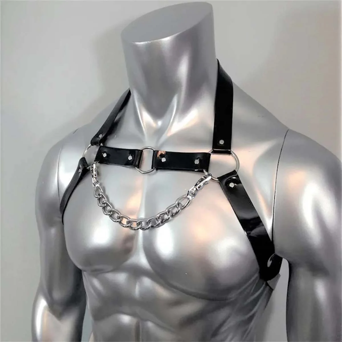 Men's Black Faux Leather Chest Harness - Adjustable Straps, Gothic Punk Style with Metal O-Rings and Chain, Clubwear Rave Outfit