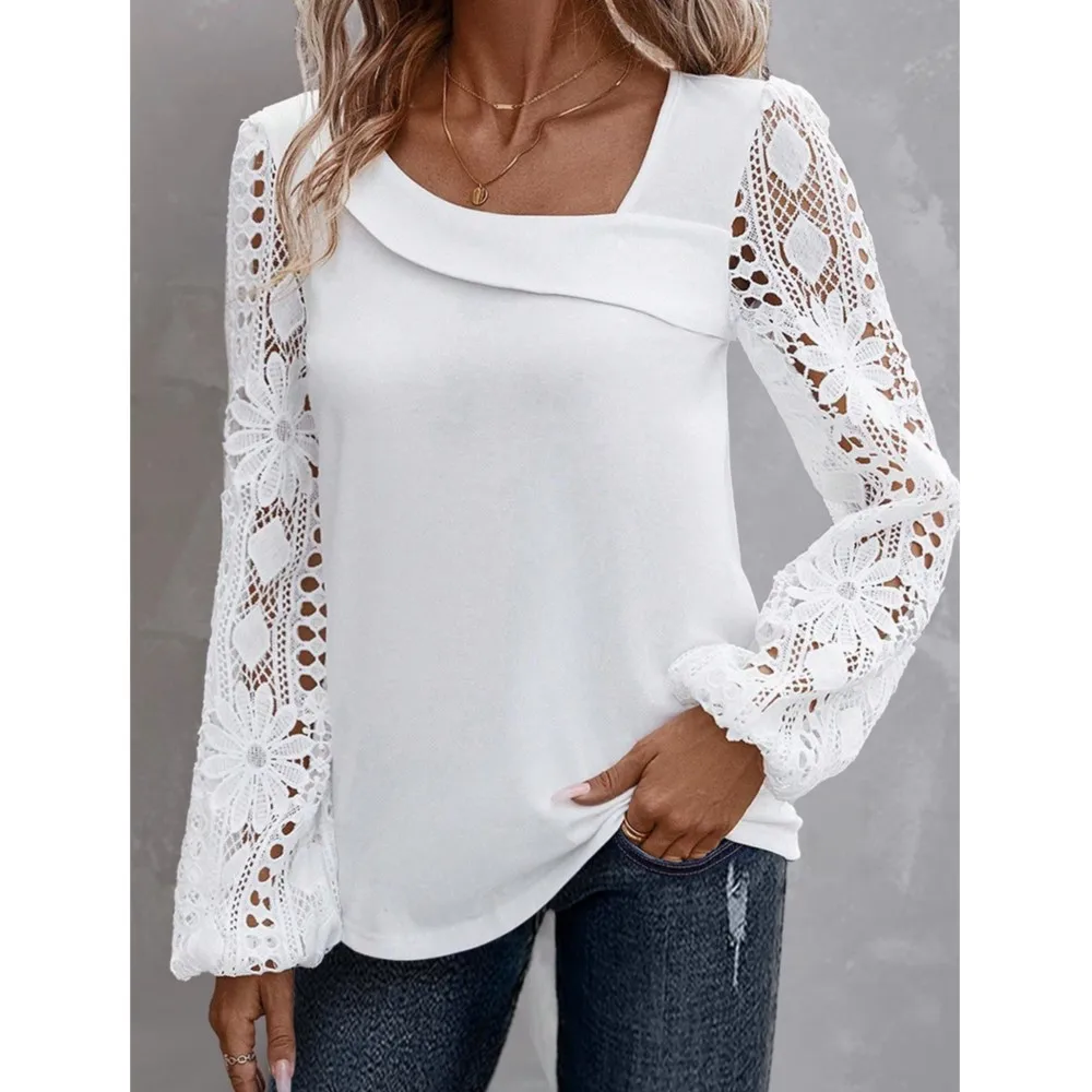 2024 primavera autunno Solid Fashion camicetta elegante ricamo Hollow Lace Shirt donna Casual manica lunga Pullover bianco top Blusas