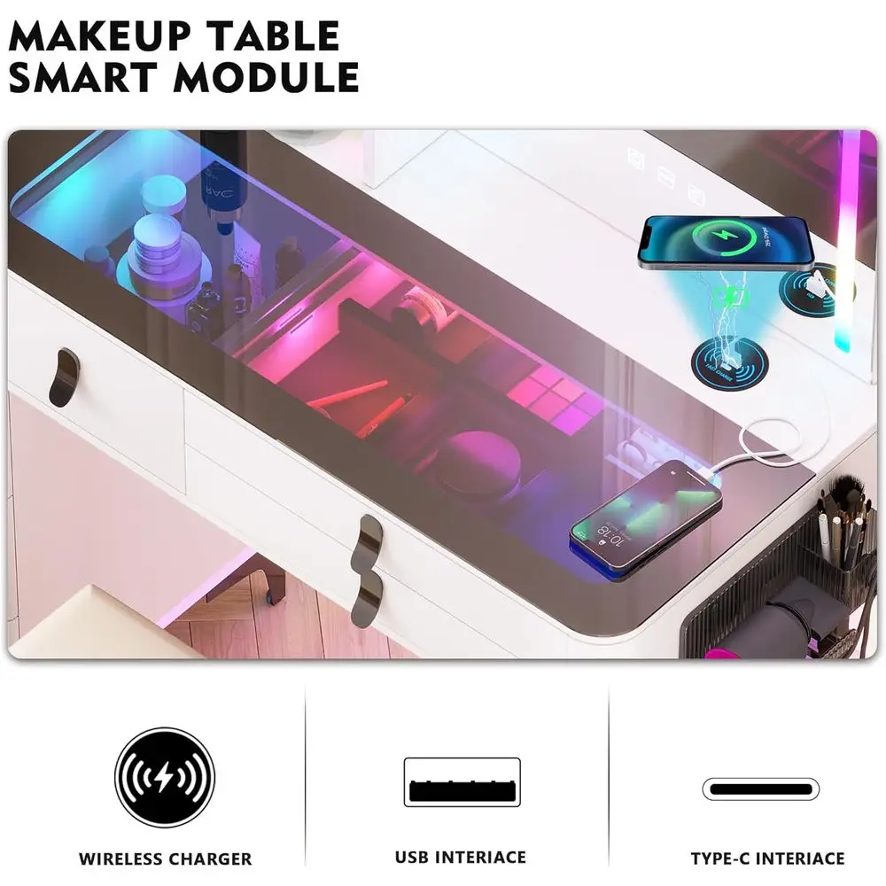 Gurexl RGB Vanity Desk with WirelCharging Station,Vanity Table with Lights and Mirror,7 and 7 Static Dimmable Vanity Set with US view 2