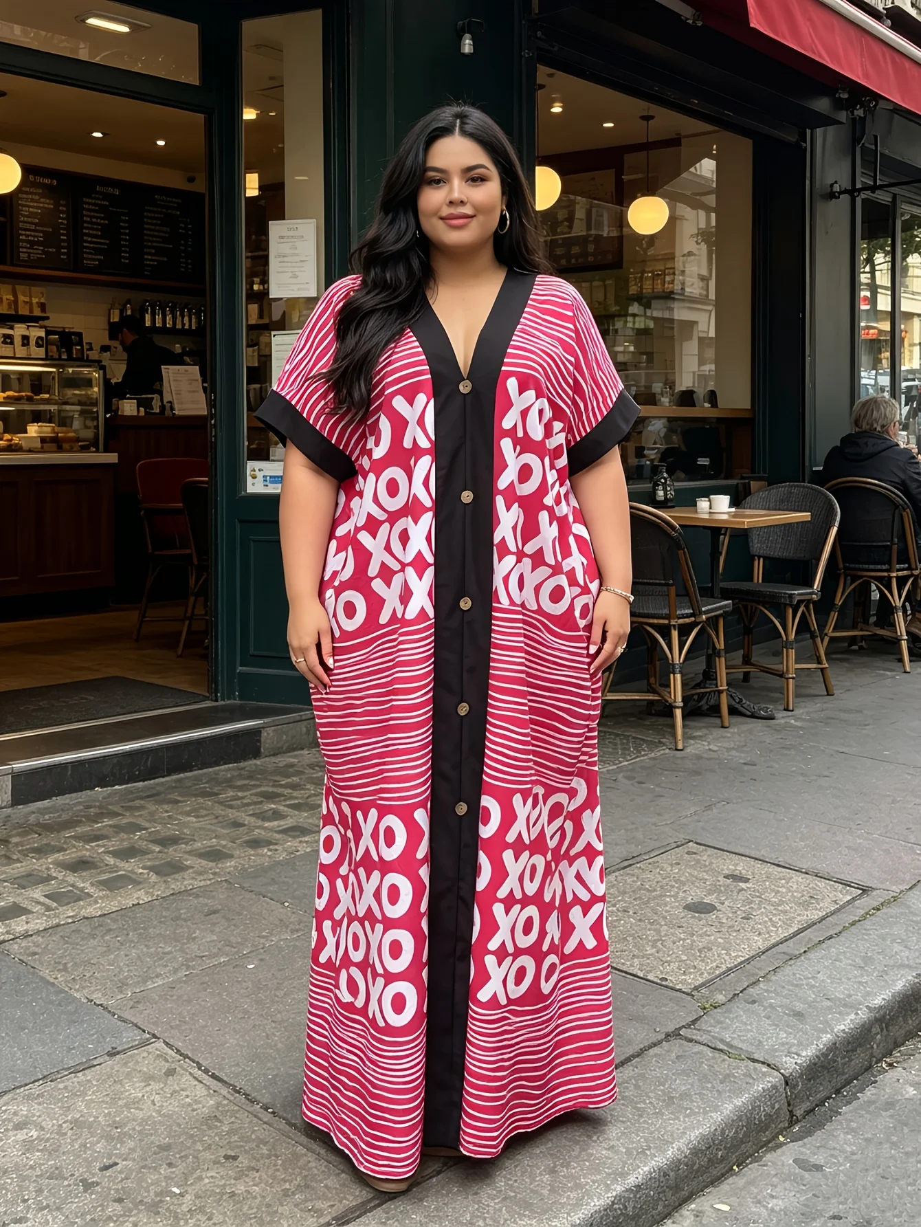 Oversized Ethnic-Style XO Printed Striped Dress Robe Casual Long Sleeve Women's Fashion Clothing