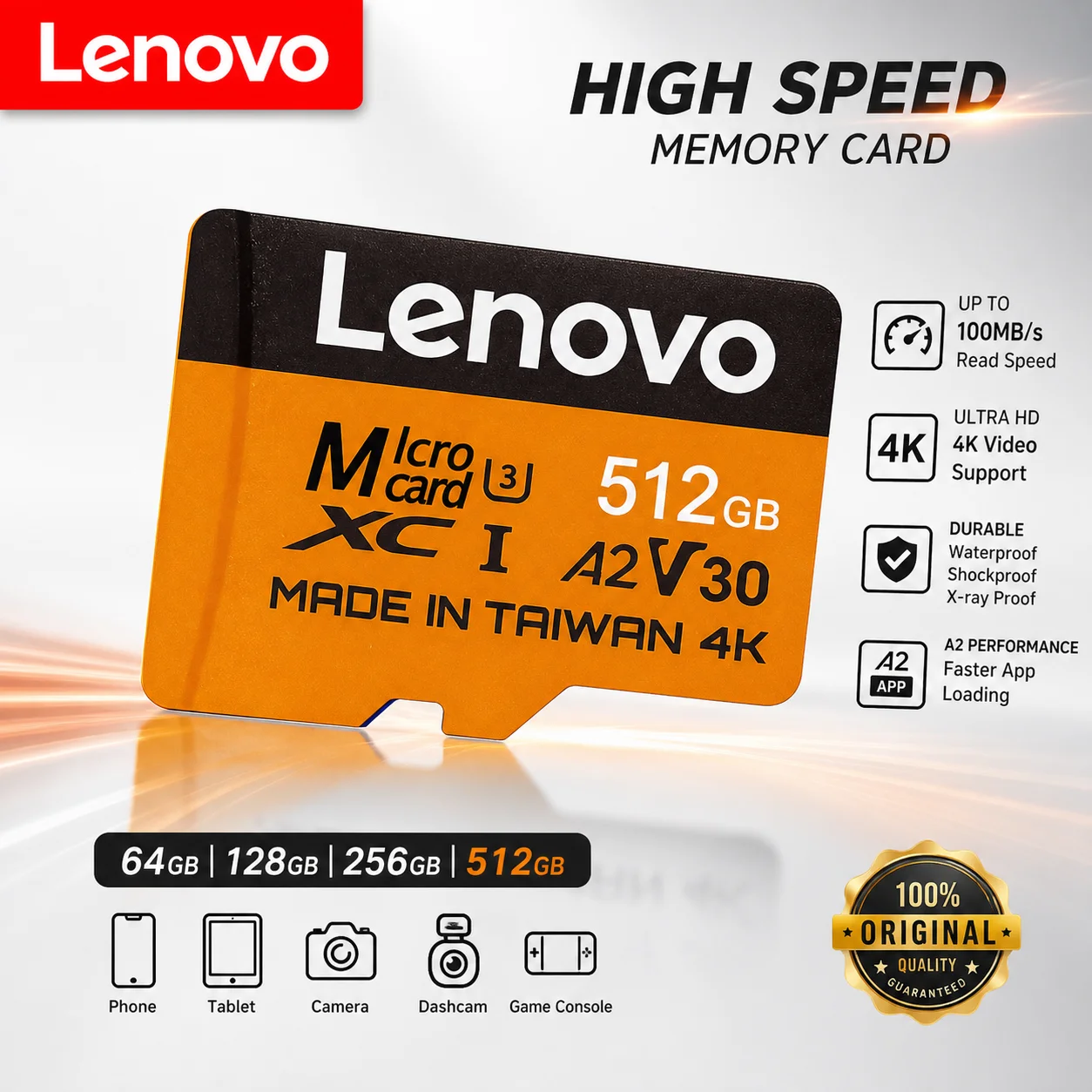 Lenovo High Speed Endurance Micro TF SD Card U3 C10 128GB 256GB Professional Memory Card for Switch Dash Cam And Home Monitoring
