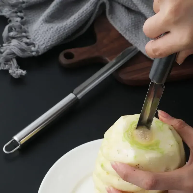 Corer de piña multifunción, Corer de pera, pelador de frutas de tira larga antideslizante, cuchillo de piña de acero inoxidable, rebanadores manuales de cocina