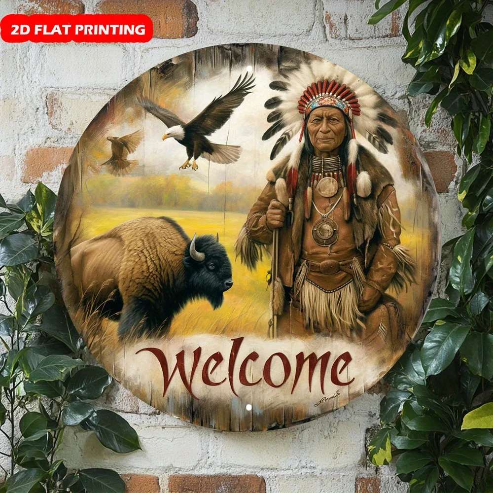 Placa de Metal Redonda Vintage 2D - Decoração de Parede Retrô com Águia e Bisão, com a inscrição 'Chefe Nativo Americano: Bem-vindo', para Cabana Rústica, Chalé e Estilo Ocidental