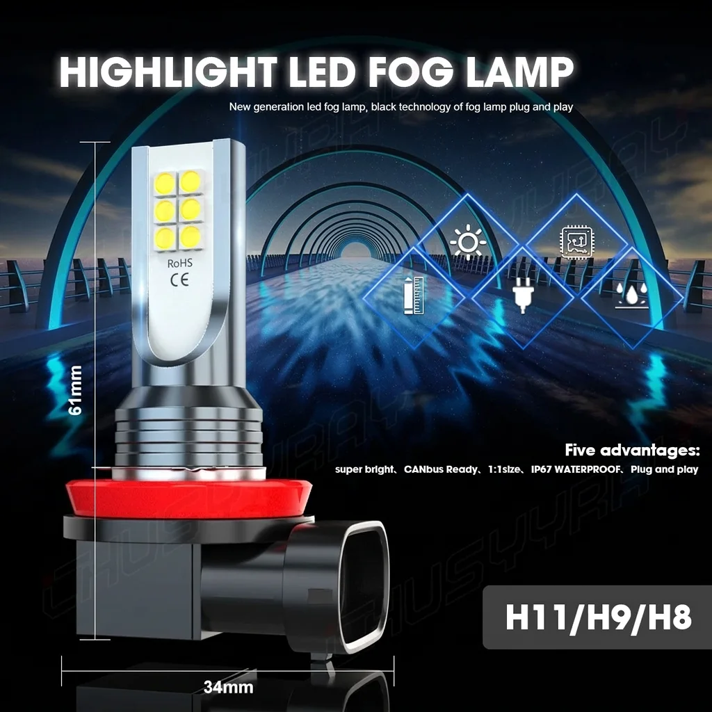 6PCS 9005 H11 H11 LED Headlight+Fog Light Super Bright Bulbs Kit 6000K White High Low 60W 10000LM