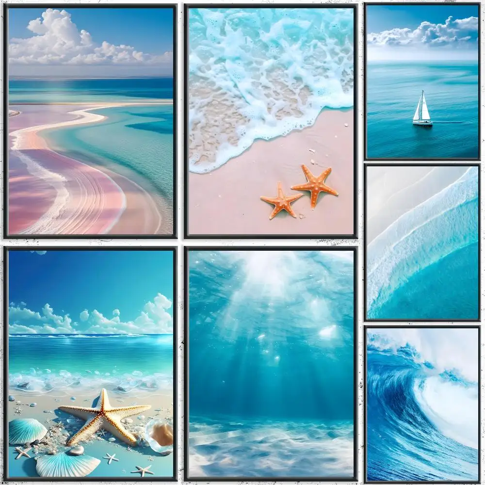 Pintura de ola de mar de playa, caligrafía, lienzo HD, póster, sin arrugas, impermeable, decoración de pared para todos los espacios