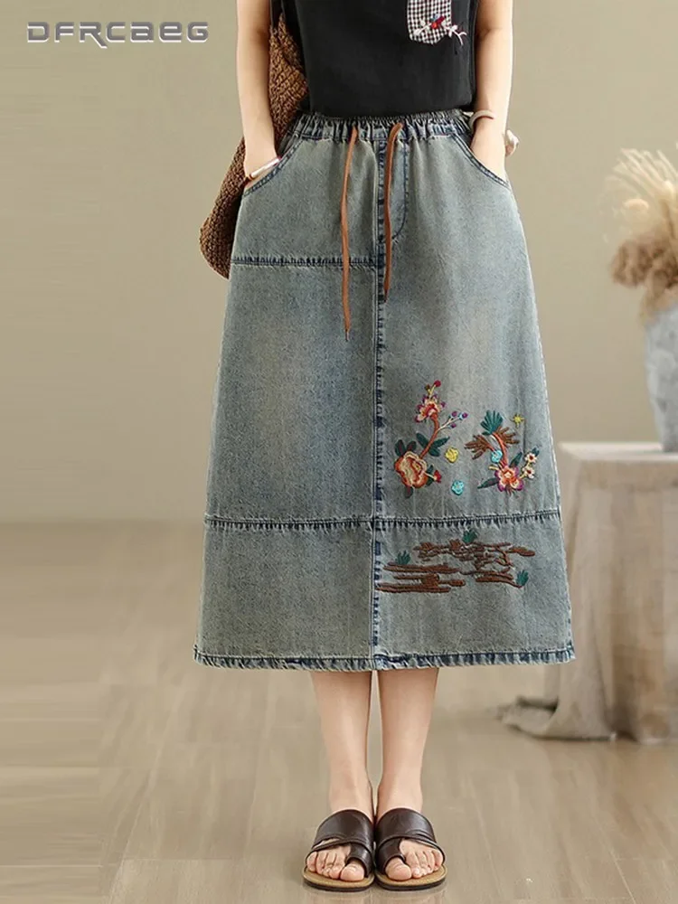 

Pop Vintage Flowers Embroidered Denim Long Skirt Elastic Waist Casual Retro Loose Summer Midi Jeans Skirt Lady