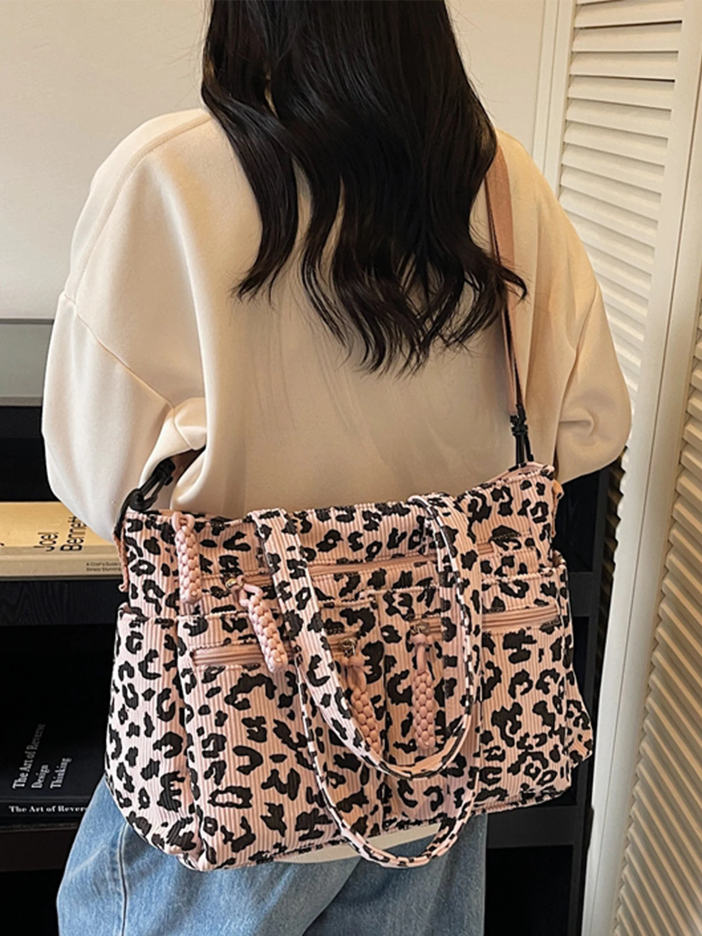 High-grade Corduroy Leopard Bags for Women New Rectangle Vintage Versatile Handbags Multi-pockets Temperament Shoulder Bag