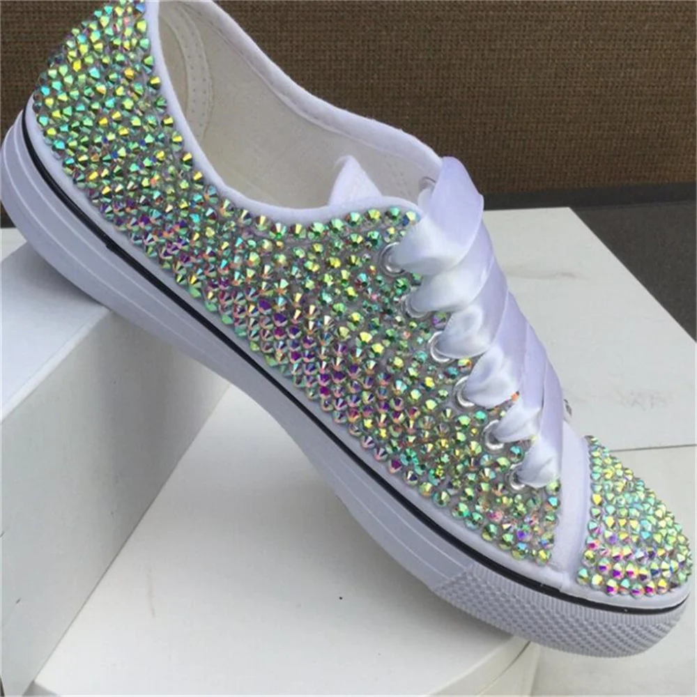 Beige low top color rhinestone ribbon custom style canvas shoes integrated sports casual shoes women\'s shoes 35-46