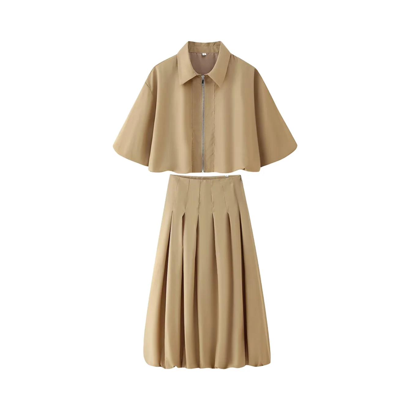 Dames herfst nieuwe korte rits jas korte mouwen top hoog getailleerde geplooide lantaarn bloemknop halve rok set